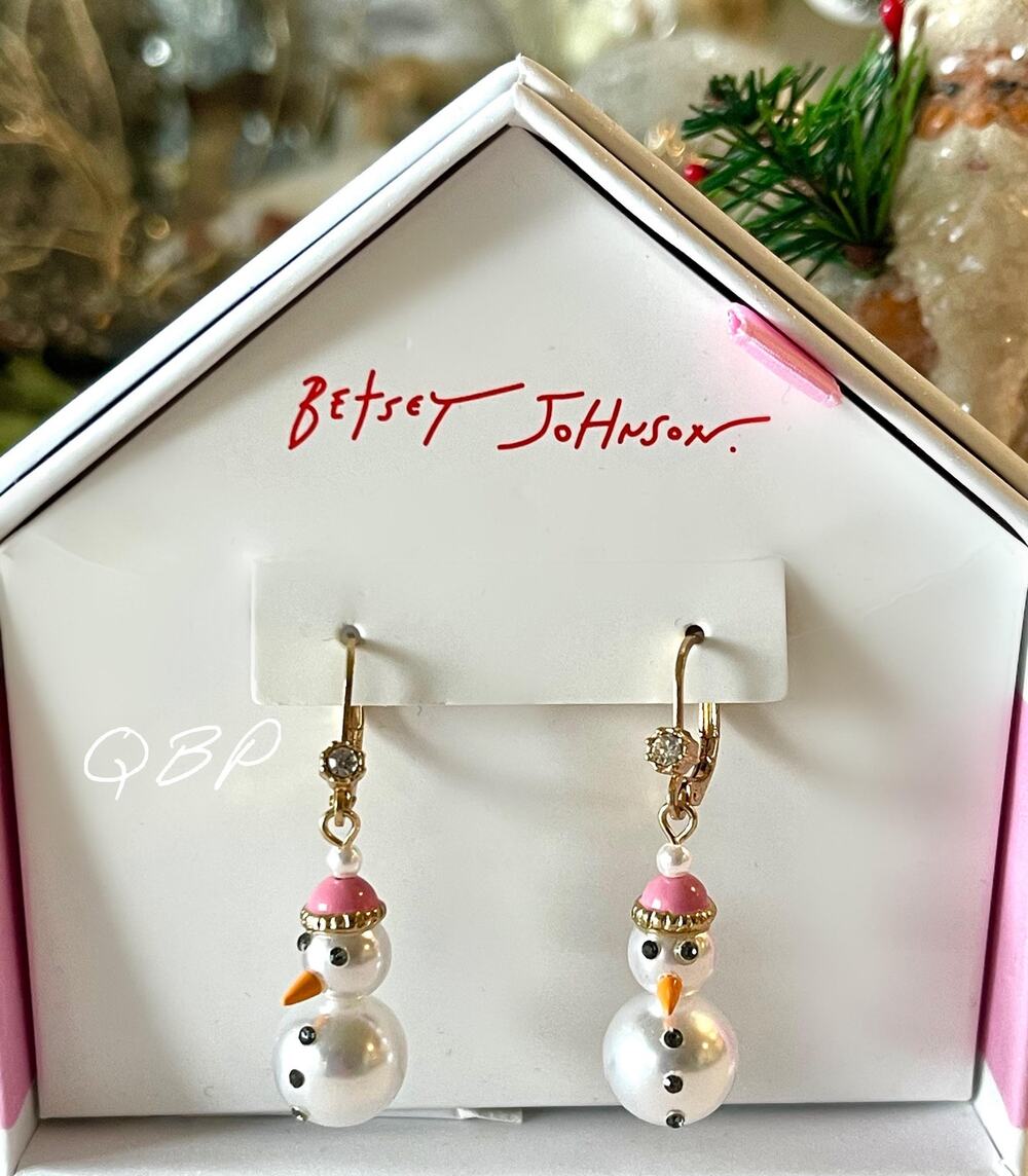 Betsey Johnson Faux Pearl Snowman Dangle Earrings, Pink Hat Holiday